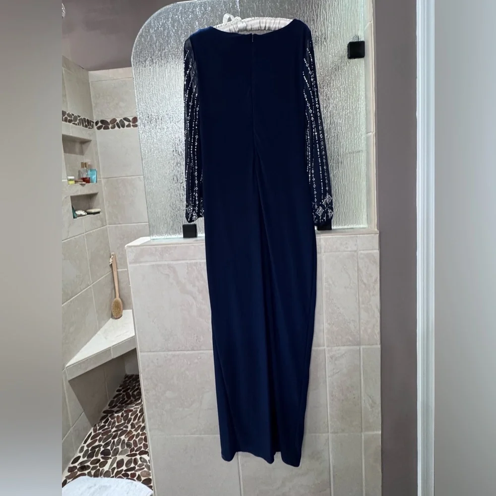 MARINA Navy Long Sleeve Evening Gown with Beaded Sleeves - Picture 2 of 6
